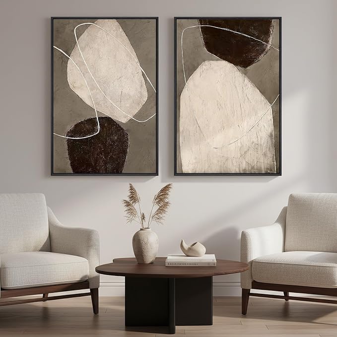 Framed Modern Abstract Wall Art for Living Room, Set of 2 Beige Brown Neutral Canvas Artwork for Walls, Large Contemporary Wabi Sabi Minimalist Painting Print for Hallway Bedroom Wall Decor, 24x36 In