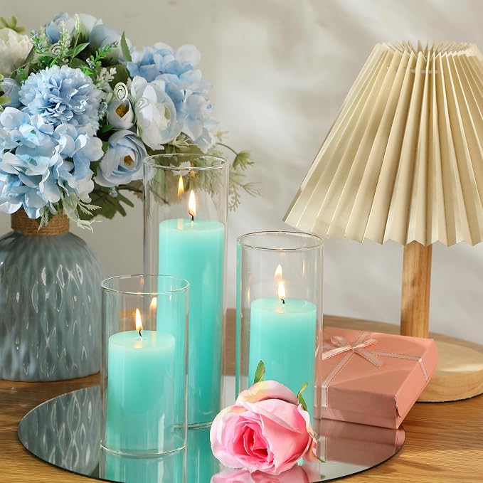 Shihanee Set of 3 Pillar Candles and 3 Glass Cylinder Candle Vases Holders Clear Pillar Jars for Wedding Centerpieces(2.6'' X 4.7'', 5.9'', 7.9'',Lake Blue)
