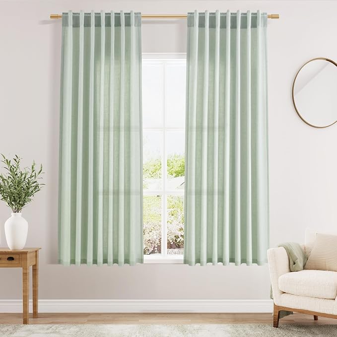 Aqua Green Linen Curtains 63 Inches Long 2 Panel Sets for Living Room Bedroom Rod Pocket Back Tab Light Filtering Drape for Kitchen Window Short Protect Privacy Curtain Modern Farmhouse Decor 52x63