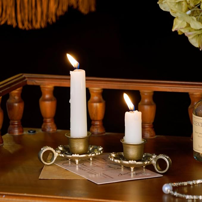 NIKKY HOME Vintage Gold Taper Candle Holders Set of 2, Handle & Tray | Antique Metal Candlestick Stand with Finger Loop, Short Candle Stick Base for Table Centerpieces, Wedding, Mantel Decor