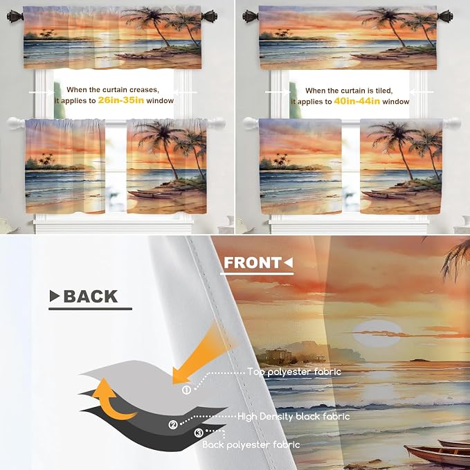 Shrahala Sunset Beach Blackout Curtain Tiers, Tropical Seaside Scene Kitchen Valance Light Blocking Tier Drapes with Rod Pocket, 2 Pack 26 X 24 in