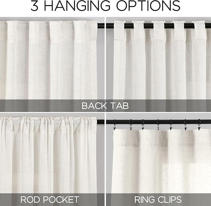 Nanspring Beige White 102 Inch Linen Curtains for Living Room Privacy Semi Sheer Curtains Back Tab and Rod Pocket Farmhouse Coastal Room Decor Curtain for Bedroom Large Window 70x102, 2 Panels