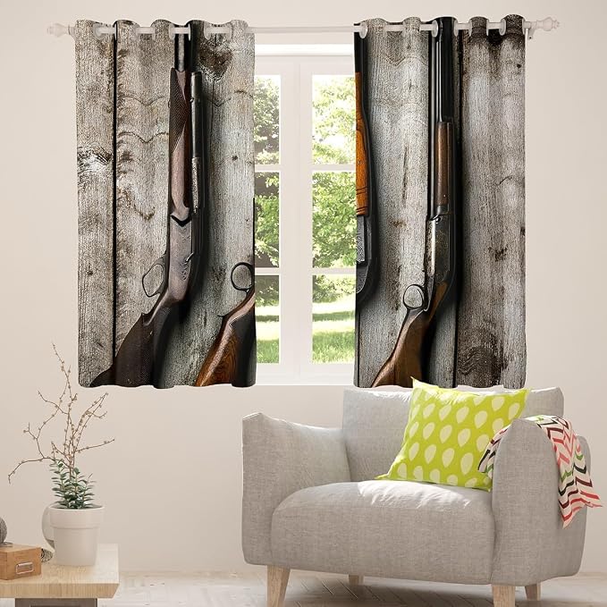 Erosebridal Guns Window Curtains,Military Theme Curtains for Kids Boys Teens Man,Retro Shotgun Darkening Drapes Vintage Board Window Treatments 2 Panel Bedroom Decor,52" Wx84 L
