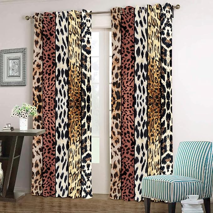 Wild Animal Print Curtain, Room Darkening Thermal Insulated Blackout Leopard Boa Window Drapes with Grommets for Living, Dining, Bedroom, Brown Leopard Print, 42"x 84", 2 Panels