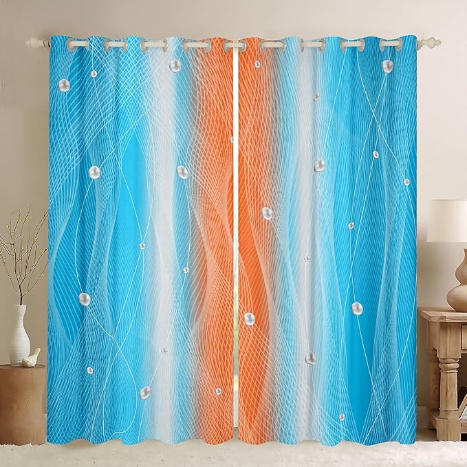 jejeloiu (2 Panels, 38 x 54 Inch Orange and Blue Darkening Drapes Strip Lines Curtains for Bedroom for Kids Women Men Ombre Pearl Printed Blackout Curtains Geometric Window Treatments