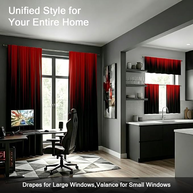 AAtter Red and Black Ombre Curtains 84 Inches Long, Gothic Dark Anime Window Drapes for Gamer Boys Bedroom, Rod Pocket Abstract Art Tall Gradient 52" W x 84" L Fabric, 2 Panels Set
