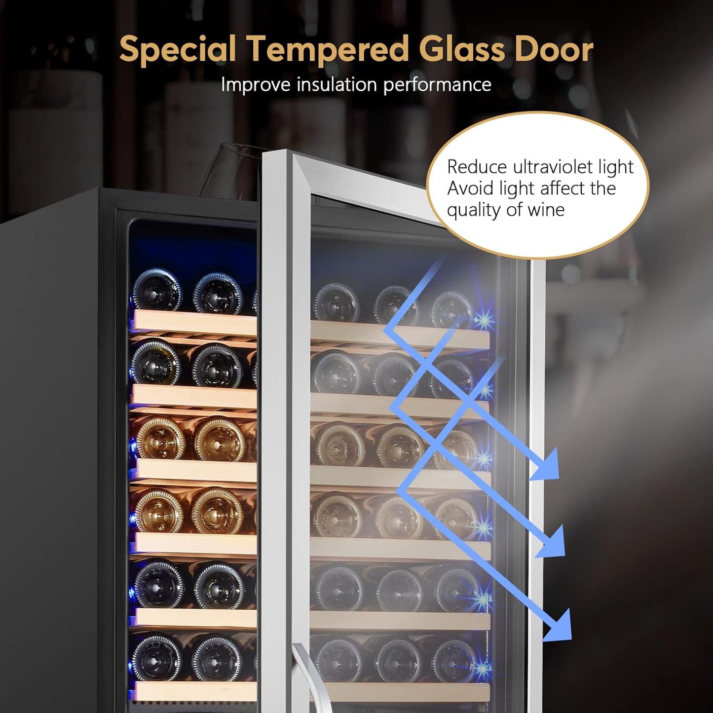 24 Inch Wine Cooler Fridge Dual Zone, Professional Large Capacity High Wine Refrigerator with Powerful Compressor, Quiet Operation and Elegant Design-KMHJ408D