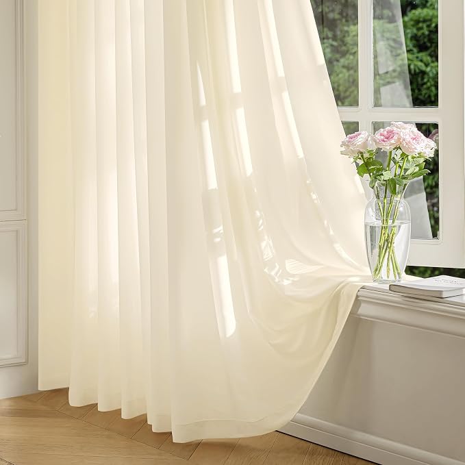 FMFUNCTEX Sheer Non-See-Through Butter Cream Curtains for Bedroom, Faux Silk That Let Light Curtains 90 inches Long Light Filtering Privacy Sheer Window Drapes for Living Room, Rod Pocket 2 Panels Set