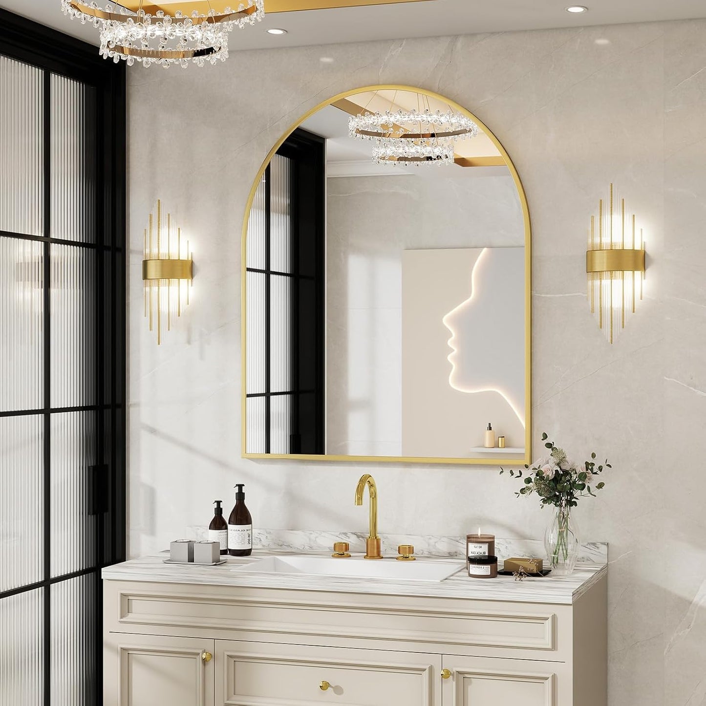 BEAUTYPEAK 32"x42" Arch Bathroom Mirror, Wall Mounted Vanity Metal Frame Mirror for Bedroom, Entryway, Living Room, Gold