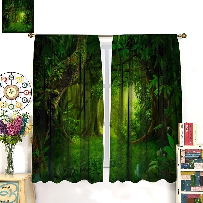 Grey Forest Blackout Curtains for Bedroom,Cartoon Watercolor Nature Mountains Misty Forest Plants Trees Print for Kids Boys Girls Living Room Bathroom 42x54in