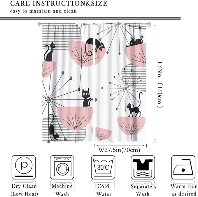 JESTRONRY Mid Century Cat Curtains, Pink Atomic Abstract Geometric 1950s 1960s Retro Style Rod Sleeves Window Drapes for Bedroom Living Room Home Decor 55x63in