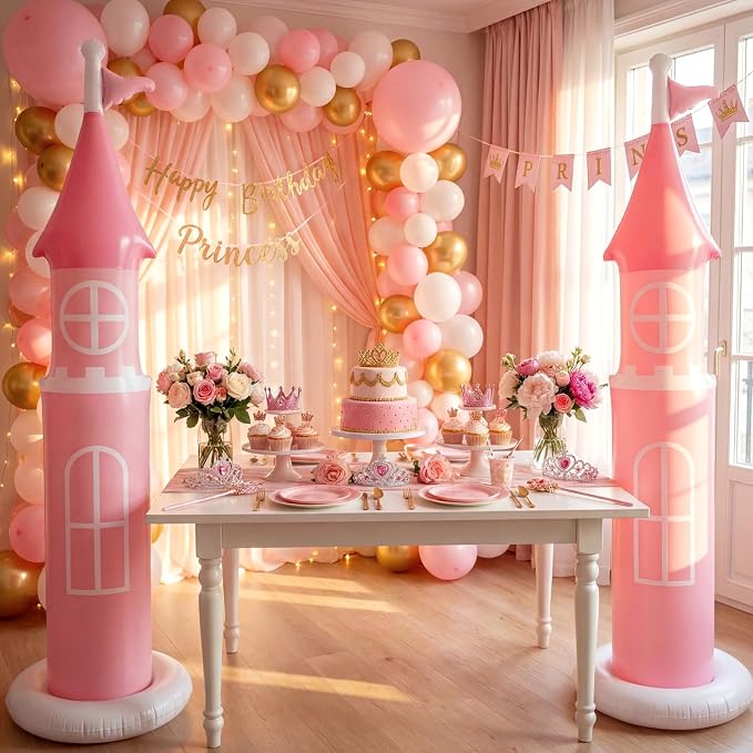 2 Pack 6.2 ft Birthday Party Decorations, Castle Inflatable Stand Castle Blow up Yard Decorations for Garden Indoor Outdoor Party Supplies(Pink, Princess)