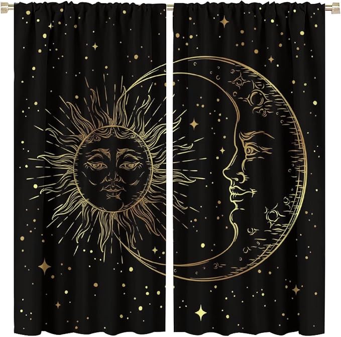 Gold Sun and Moon Blackout Windows Curtains, Fantasy Mandala Bohemian Universe Galaxy Printed Curtains, for Living Room Bedroom 84x84in 2 Panels