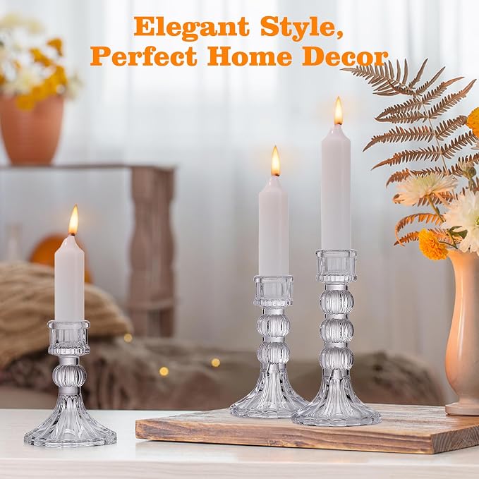 Lewondr Glass Candle Holders, 3 Pack Simple Candle Holders for Pillar and Taper Candle, Vertical Stripe Design Candlesticks Tablet Candle Holder Holiday Home Decoration for Dinner Table, Clear