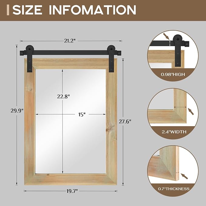 COGOOD Farmhouse Barn Door Mirror - 22" x 30" Rustic Wood Framed Wall Mirror for Bathroom, Living Room, Entryway Wall Decor (Burlywood)