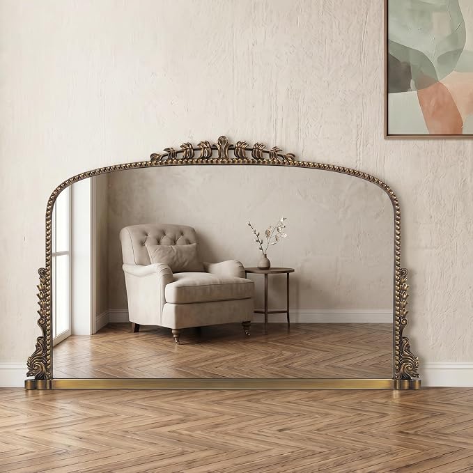 Vintage Baroque Arched Mirror - Traditional Ornate Antique Brass Wood Frame - 36"X23" - Ideal for Entryway, Fireplace, Living Room, Hallway, Bathroom