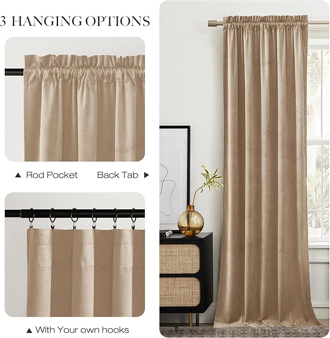 NICETOWN Beige Velvet Curtains 102 inches Long 52 inch Wide 2 Panels, Luxury Thick Window Treatments for Bedroom & Living Room & Playroom - Thermal Insulated Room Darkening Energy Saving Cat Proof
