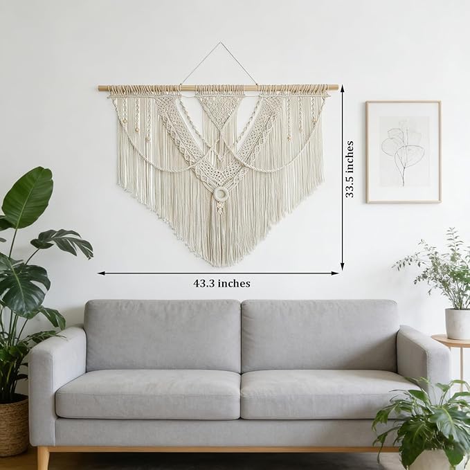 LISRRZHEN Large Macrame Wall Hanging - Boho Nordic Geometric Woven Tapestry, Handcrafted Cotton Wall Decor for Living Room Bedroom Entryway Apartment