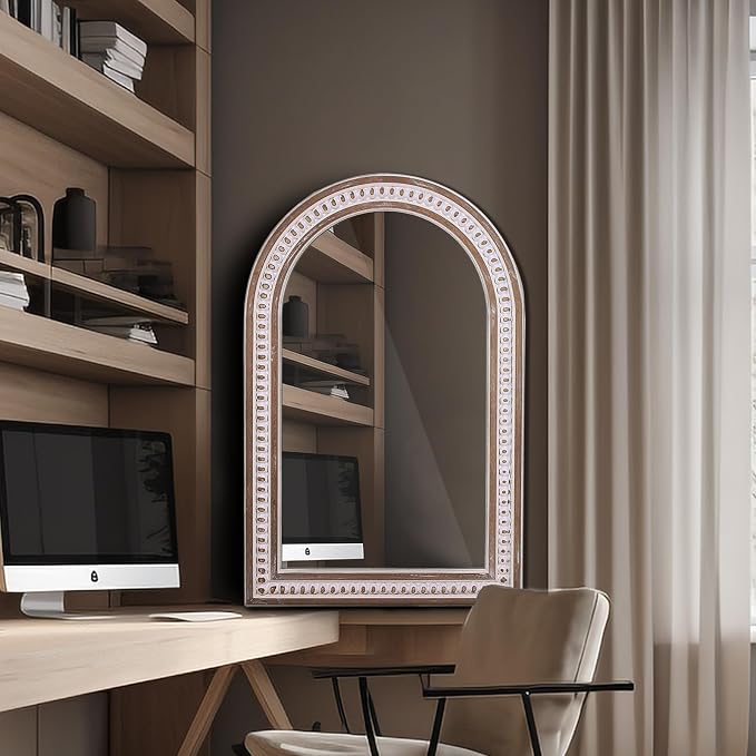 36x24 Inch Arched Wall Mirror, Rustic Farmhouse Arch Mirror for Bathroom | Raised Bead Detailing Adds Boho Character Above Sinks, Vanities, Consoles, Dressers, Mantels, or Sideboards