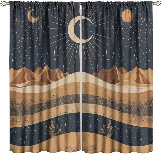 Sun Moon Blackout Curtains, Abstract Mid Century Desert Mountains Sun Moon Boho Landscape Window Drapes, for Bedroom Living Room 63" W X 63" L