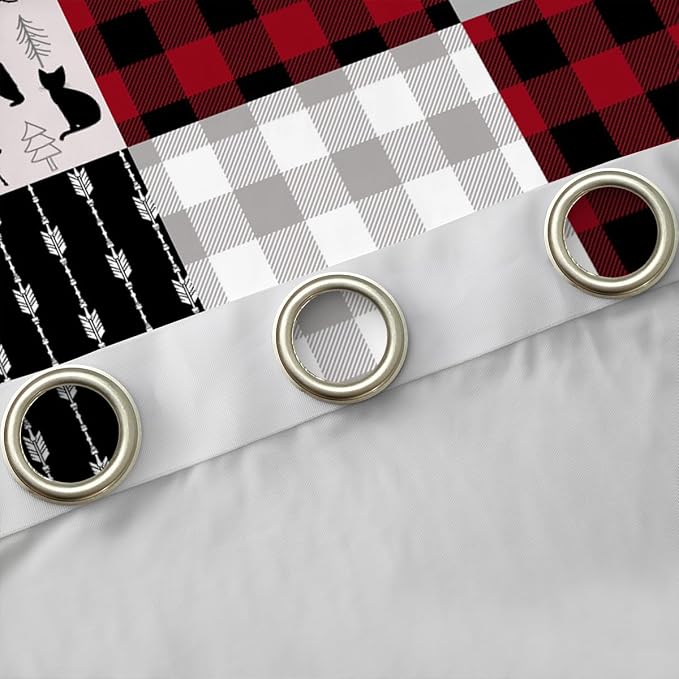 Buffalo Plaid Curtains For Boys Girls, Woodland Moose Window Curtains Vintage Deer Bear Curtains & Drapes 38"Wx45"L, Buffalo Plaid Farm Animal Blackout Curtains Rustic Patchwork Curtains, Red Black
