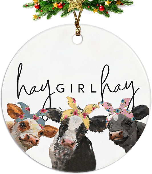 Cow Gifts for Women Cow Lovers Girls, Hay Girl Hay Farmhouse Ceramic Christmas Ornament Keepsake Sign Plaque, Girls Room Bedroom Dorm Decor