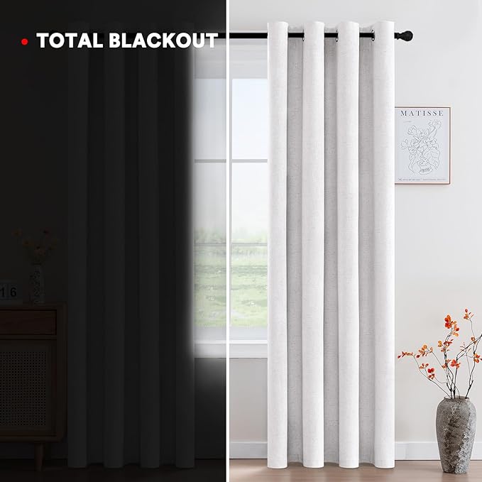 PrinceDeco Nature Linen Blackout Curtains 54 Inch Long Thermal Insulated Draperies Sun Block & Room Darkening Curtains for Bedroom Windows with Nickel Grommet(2 Panels Set,Heathered White)