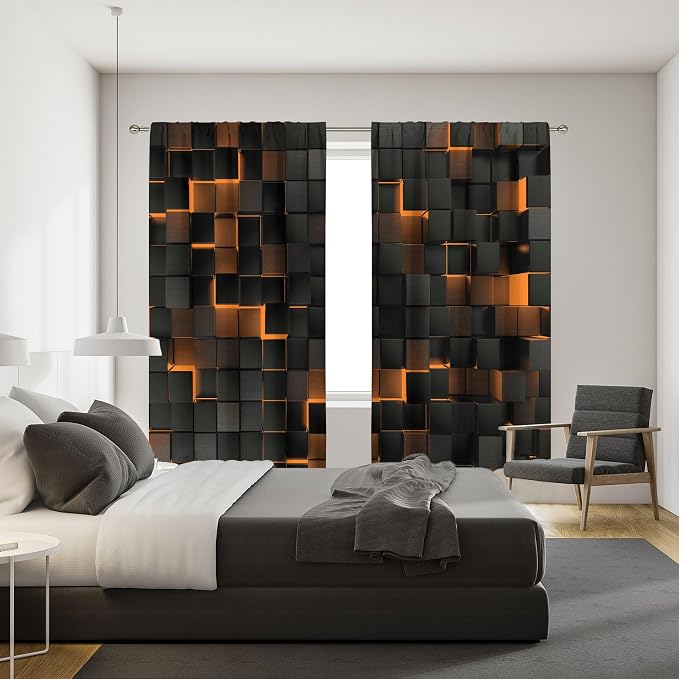 MESHELLY Abstract Black Orange Curtains 42Wx63H Inch Rod Pocket Modern 3D Gradient Design Geometric Cubes Minimalist Bedroom Window Drapes Futuristic Man Boys Printed Living Room Window Treatment