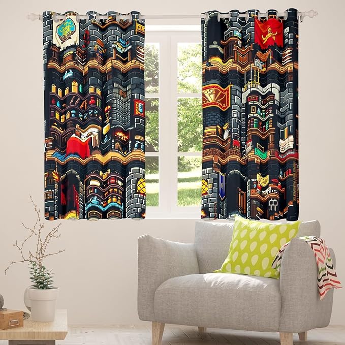 Castle Fairy Building Games Window Curtain,Sandbox Block Pixelated Bedroom Decor Curtains for Kids Boys,Miner Style Window Treatment Cartoon Checkered Blackout Drapes 2 Panels,52Wx84L