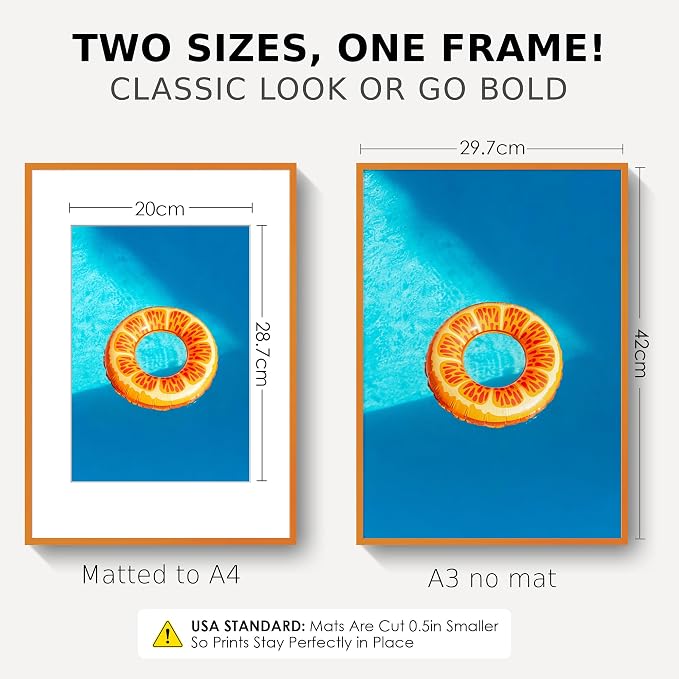A3 Picture Frame 11.7x16.5 for A4 8.3x11.7 Photo, Aluminum Frame, Orange | Sleek Metal Frame for Wall, Desk & Gift | Beveled Glass & Hardware, Minimalist