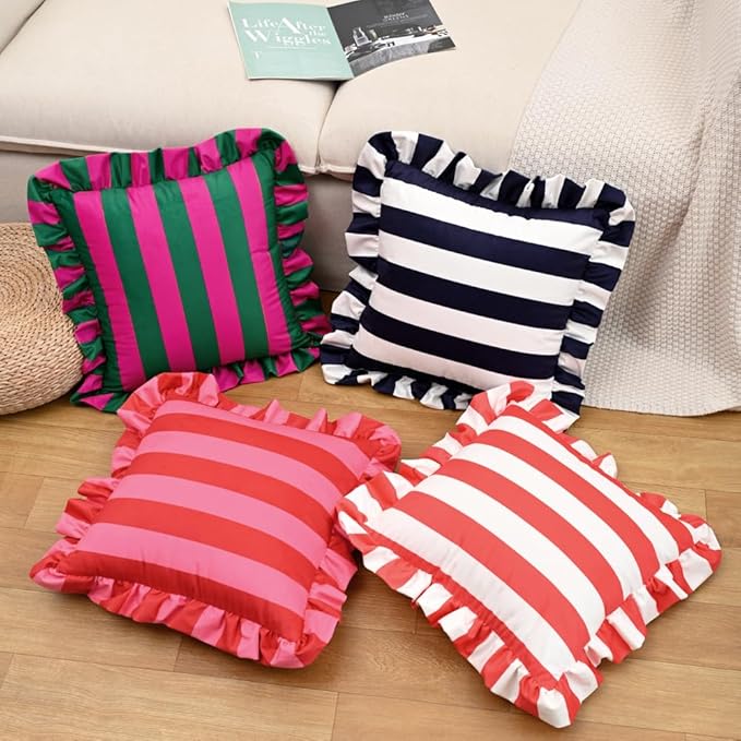 vctops Ruffle Square Throw Pillow Covers Boho Pink and Red Striped Decorative Pillowcases Set of 2, Soft Velvet Accent Cushion Cover Cases for Sofa Bed Living Room Decor (Pink,18"x18")