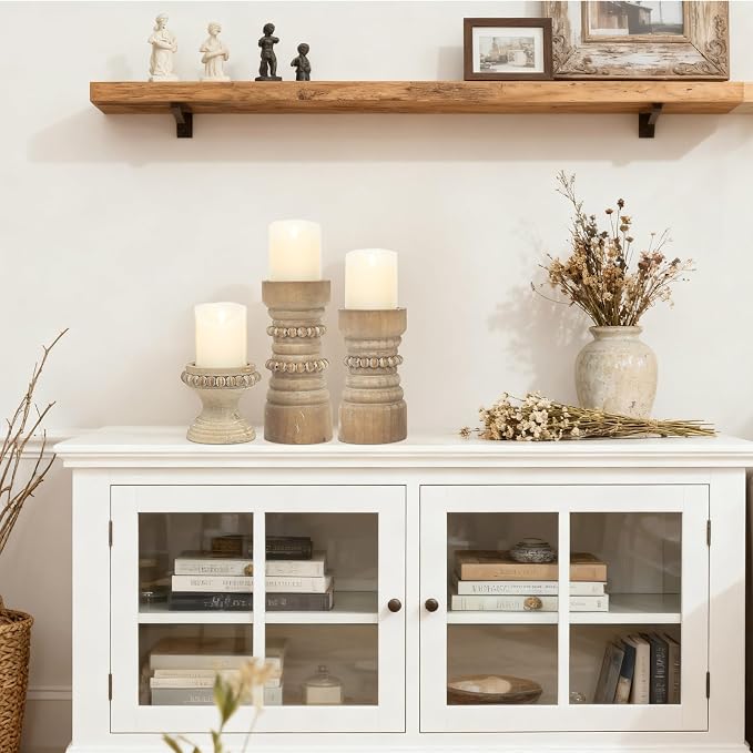 Rustic Natural Wood Candle Holders Set of 3, Farmhouse Beaded Wood Pillar Candle Holder, Candle Holders for Pillar Candles & Candlesticks, Candle Sticks Holder Decor for Table Centerpiece