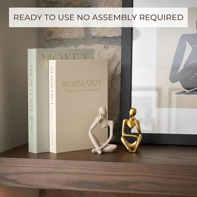 Decorative Books & Thinker Sculptures Set - Linen Boxes & Resin Figurines Enhance Your Coffee Table, Bookshelf or Mantle Decor - Living or Dining Room Home Decoration Aesthetic, Photo/Keepsake Storage