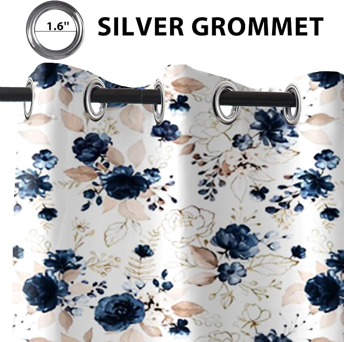 Renaiss Blue and White Floral Blackout Curtains Gold Line Rose Flowers Thermal Insulated Window Drapes for Bedroom 42W x 96L inches 2 Panel Set Window Curtain Panels for Living Room