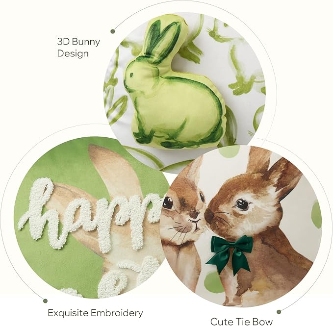 Phantoscope Pack of 4 Happy Easter Throw Pillow Covers, Velvet 3D Bunny Pillowcases Embroidered Egg Letter and Rabbits Pillows Spring Farmhouse Decorative Cushion Covers, Green, 18x18 inches