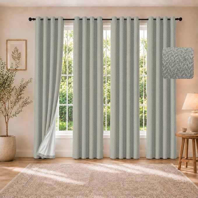 4 Panels 100% Blackout Linen-Textured Curtains, Thick Thermal Insulated Grommet Drapes with Subtle Herringbone Weave, Luxury Decor for Bedroom/Living Room, 54 x 108 Inches, Linen Beige