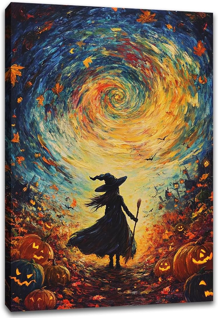 Halloween Autumn Witchy Decor Wall Art Prints,Gothic Witch in Whirlwind Autumn with Pumpkins Scene Pictures Poster,Fall Festival Home Decor Painting Canvas Poster for Bedroom Bathroom,16"x24" Framed