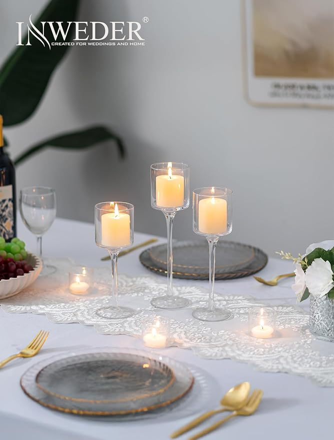 Tall Glass Candle Holder: Long Stem Floating Candle Holders for Tealight Votive and Pillar Large Clear Centerpieces for Wedding Table Party Home Set of 3