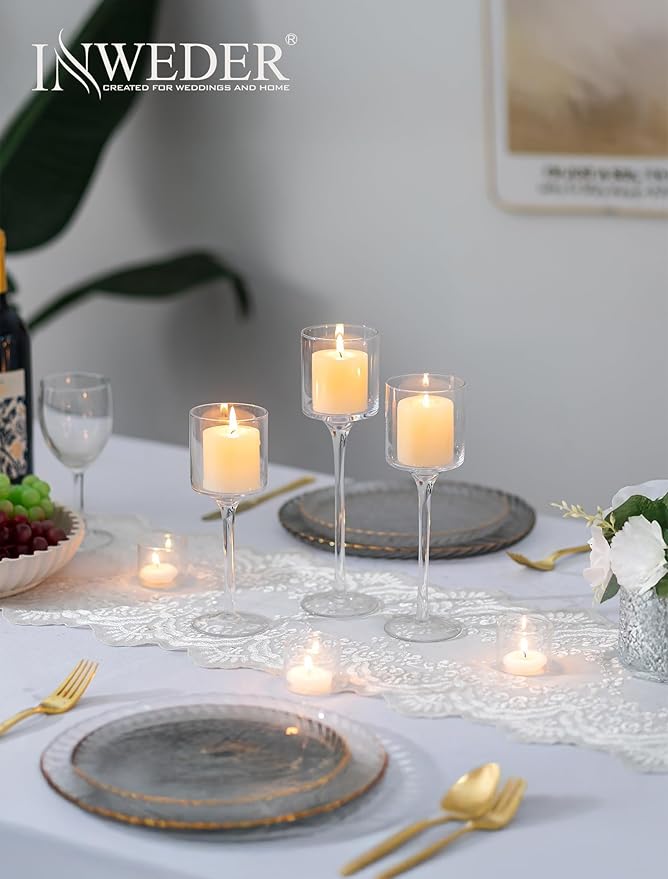 Glass Candle Holder for Table Centerpiece - Inweder Tall Tea Lights Candle Holder, Elegant Clear Long Stem Candle Holders for Pillar Candles, Floating Candle Holder for Party, Home Decor, Set of 18