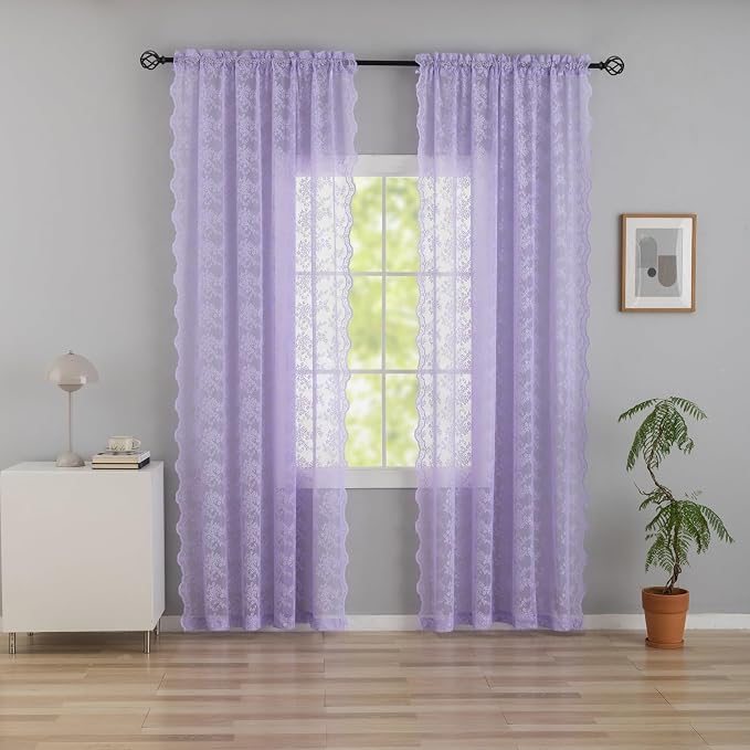 YJ YANJUN Vintage Lace Curtains 84 Inches Long-Victorian Floral Pattern Lavender Sheer Curtain Panels for Living Room Bedroom,Light Filtering, Romantic Girly Drapes 2 Panels 52W x 84L Light Purpel