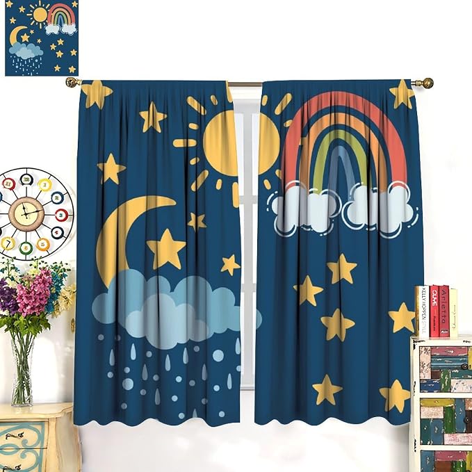 Sun Moon Blackout Curtains, Rainbow Cartoon Cute Moon Sun Star Cloud Colorful Window Drapes, for Kids Bedroom Living Room 84" W X 84" L