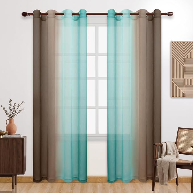DWCN Ombre Sheer Curtains - Faux Linen Semi Voile Grommet Top Gradient Curtains for Bedroom and Living Room, Set of 2 Window Curtain Panels, 52 x 84 Inch Length（Teal and Chocolate Brown