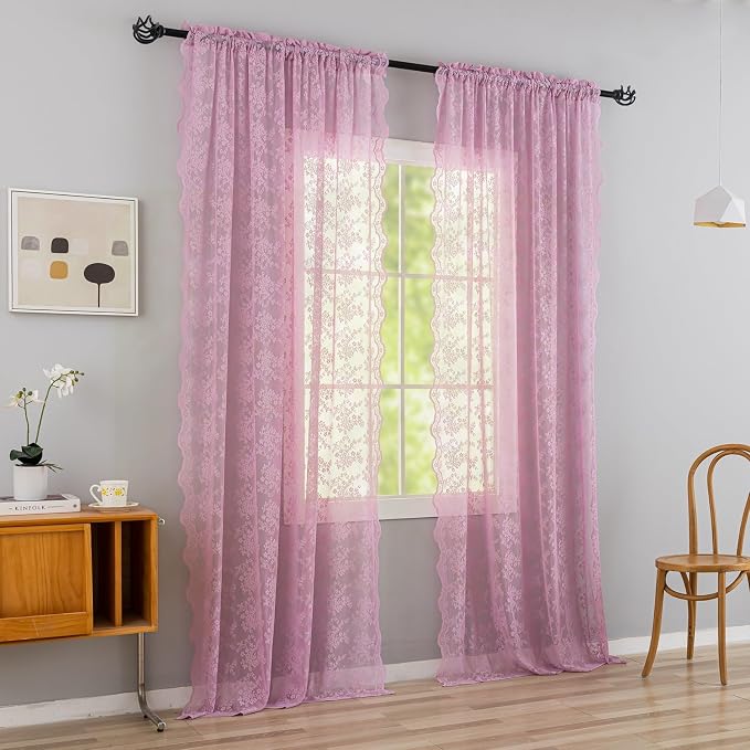 YJ YANJUN Vintage Lace Curtains 84 Inches Long-Victorian Floral Pattern Lilac Sheer Curtain Panels for Living Room Bedroom,Light Filtering, Cute Girls Drapes 2 Panels 52W x 84L Purple Blush