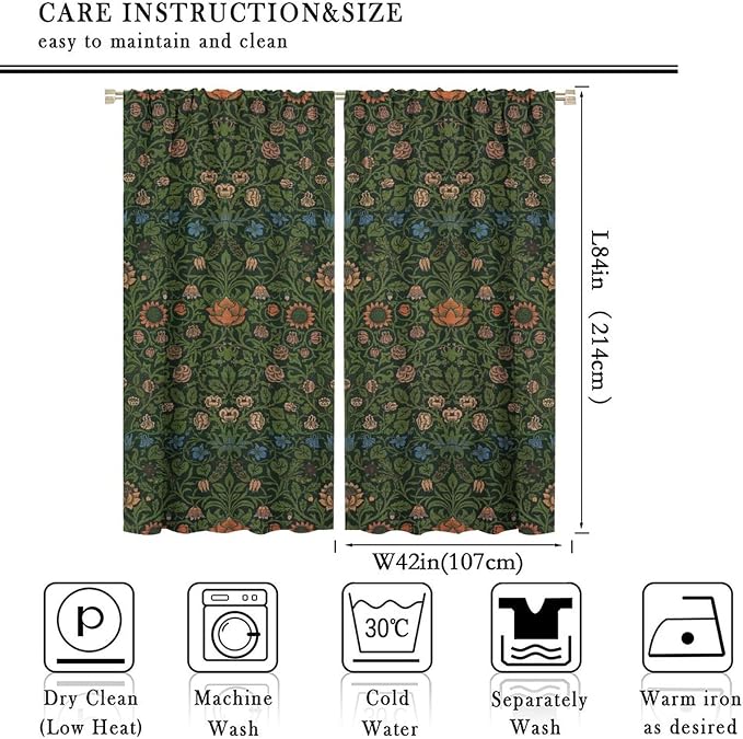 Bohemia Plant Flowers Pattern Blackout Window Curtains, William Morris Art Print Vintage Decor Curtains, for Living Room Bedroom 42(W)*84(L) 2 Panels