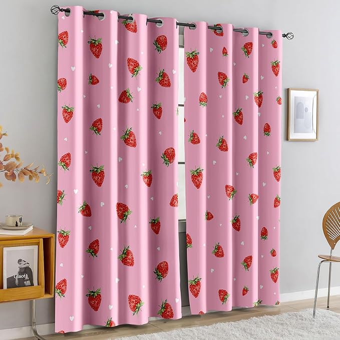 LUVIVIHOME Pink Strawberry Curtains, Cute Blackout Curtains, Girly Girls Bedroom Decor, Kids Curtains for Living Room, 2 Panel Sets, 52x84 Inch