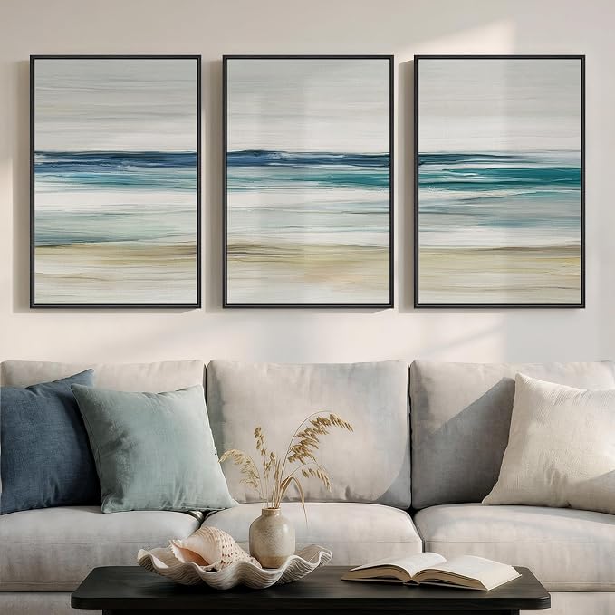 Framed Abstract Coastal Wall Art Bedroom, 3 Piece Blue Beach Landscape Canvas Artwork for Walls, Minimalist Ocean Seascape Painting Prints for Dining Room Living Room Bathroom Wall Decor, 16x24 Inch