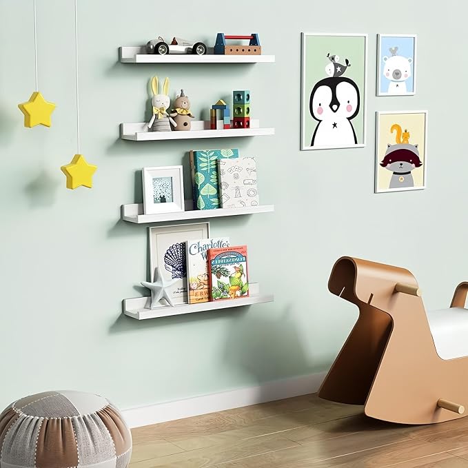 Forbena 24" Floating Nursery Book Shelves for Wall Set of 4 | Solid Wood | Lip Desigh | Wall Bookshelf for Kids Room Toddler Bedroom