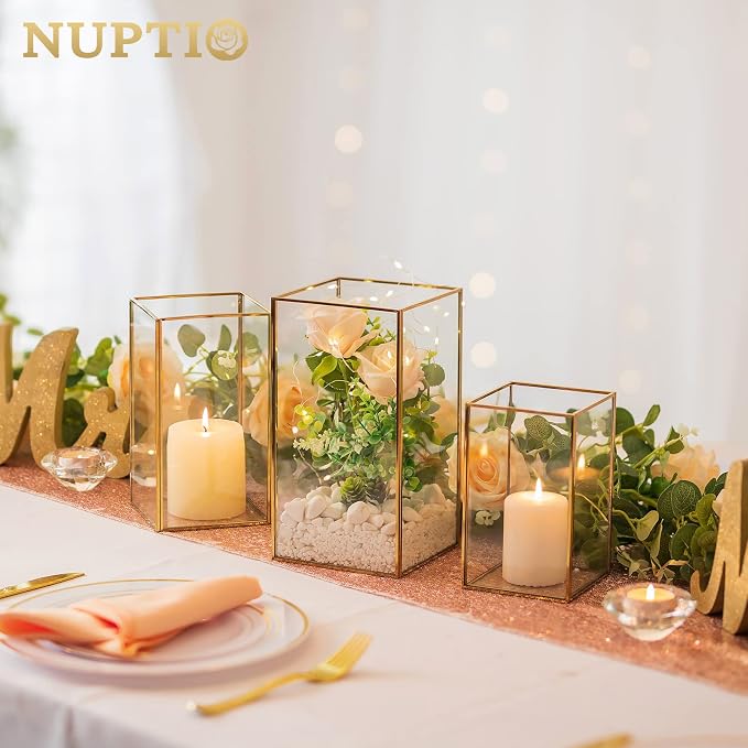 Nuptio Glass Hurricane Candle Holder Set of 6 Gold Pillar Candle Holders Large Rectangular Candleholder Table Centerpieces Decoration for Wedding Party Thanksgiving Ornaments 9.5 & 8.1 & 6.5 inch | Large Rectangular Candleholder Table Centerpieces Deco...