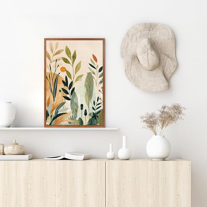 CHDITB Boho Botanical Framed Canvas Wall Art Set, Minimalist Nature Plant Wall Decor, Abstract Sun and Wildflower Painting, Neutral Green Plant Art Prints for Living Room Bedroom Kitchen 16"x24"x3