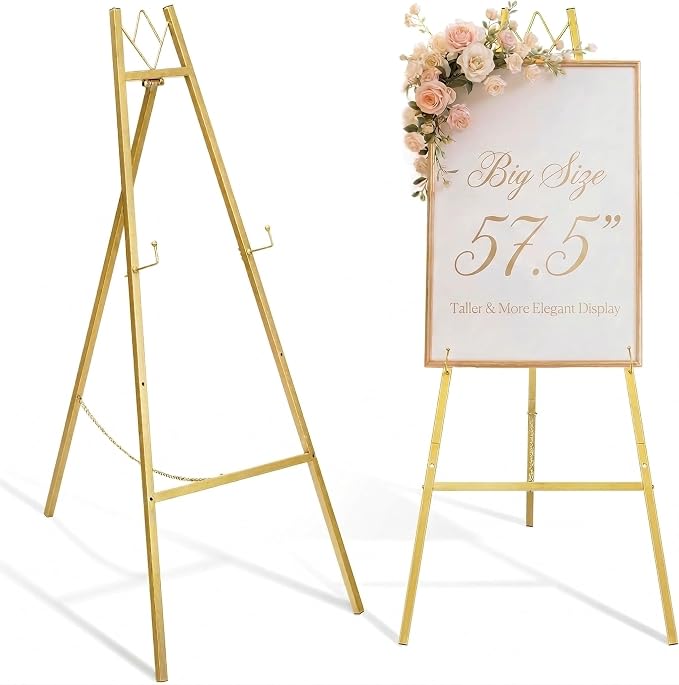 GRENTY 57.5" Gold Easel Stand for Wedding Sign, Heavy Duty Metal Display Stand, 4-Tier Height Adjustable Easel for Art, Paintings, Welcome Signs, Posters, and Décor, Simply Assembly Required